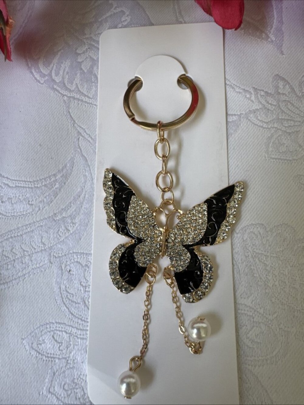 Bag Keychain Black Gold Butterfly Rhinestone Bag Charm Pearl Keyring NEW